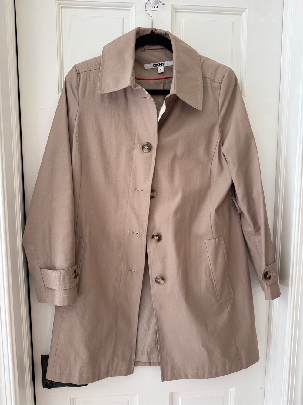 DKNY Taupe Trench Coat with Button Front